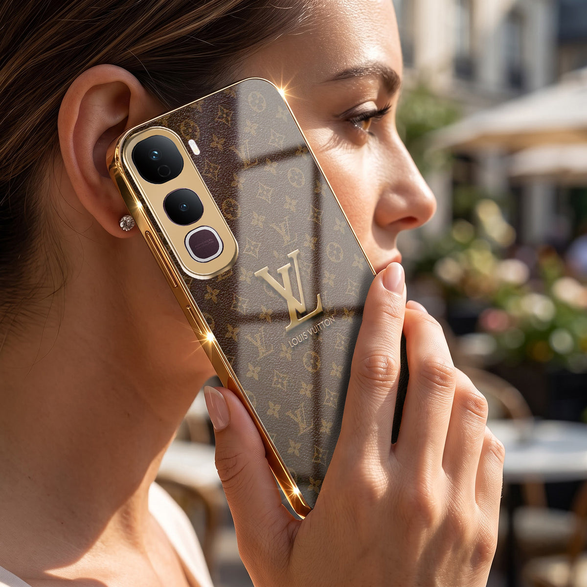 Vivo Y400 Pro 5G LV Brown Monogram Gold Electroplated Glass Phone Back Case