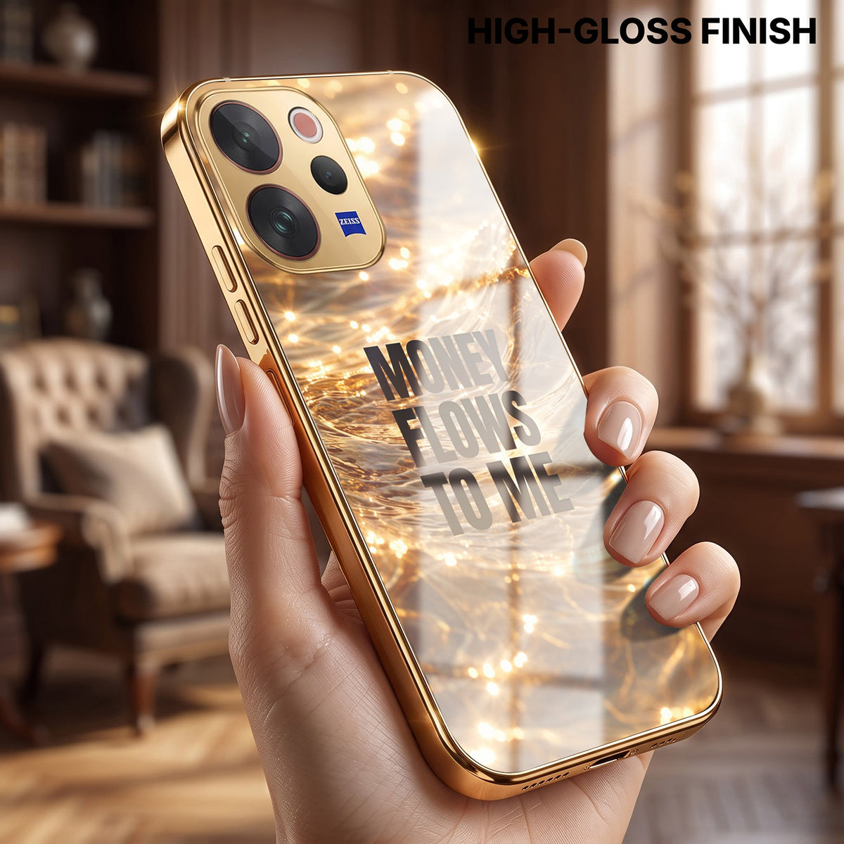 Vivo V70 5G Money Flows To Me Gold Electroplated Glass Phone Back Case
