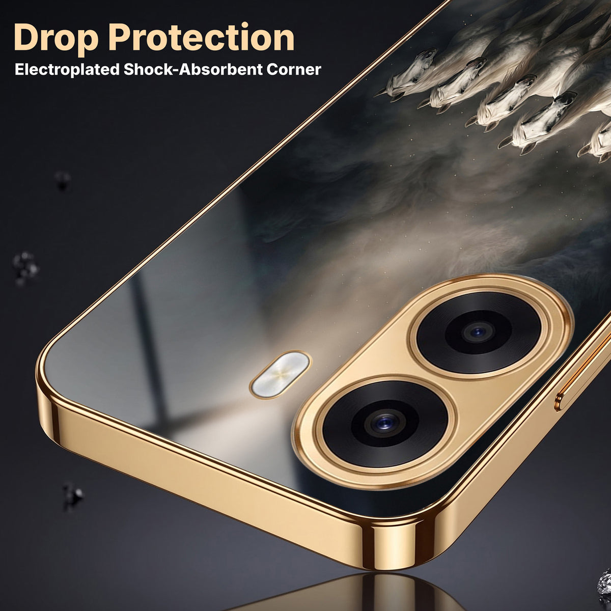 Oppo K14x 5G Running Horses Gold Electroplated Glass Phone Back Case