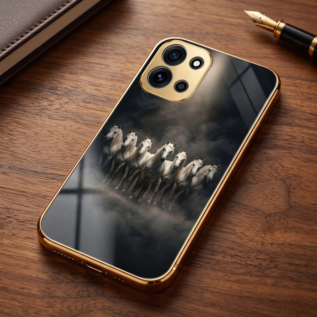 OnePlus Nord 6 5G Running Horses Gold Electroplated Glass Phone Back Case