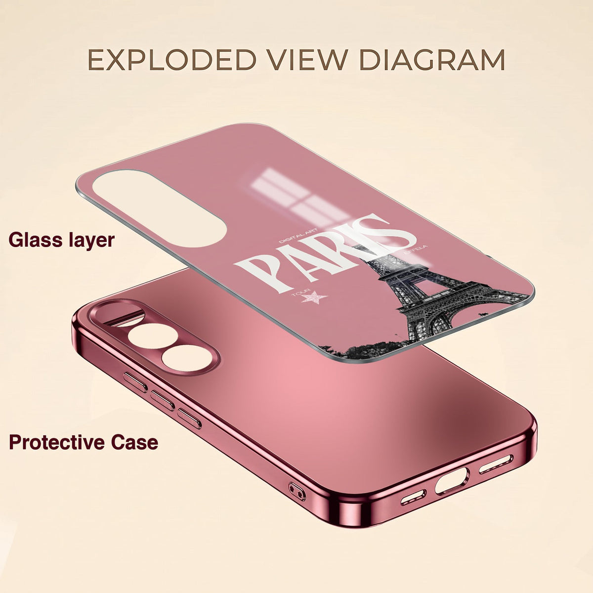 Vivo V70 FE 5G Luxury Paris Tower Pink Electroplated Glass Phone Back Case