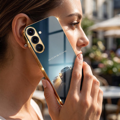 Samsung Galaxy A56 5G Porsche Luxury Gold Electroplated Glass Phone Back Case