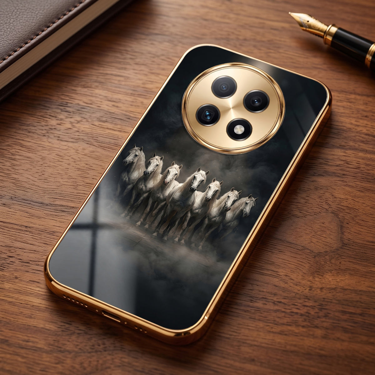 Oppo F29 Pro 5G Running Horses Gold Electroplated Glass Phone Back Case