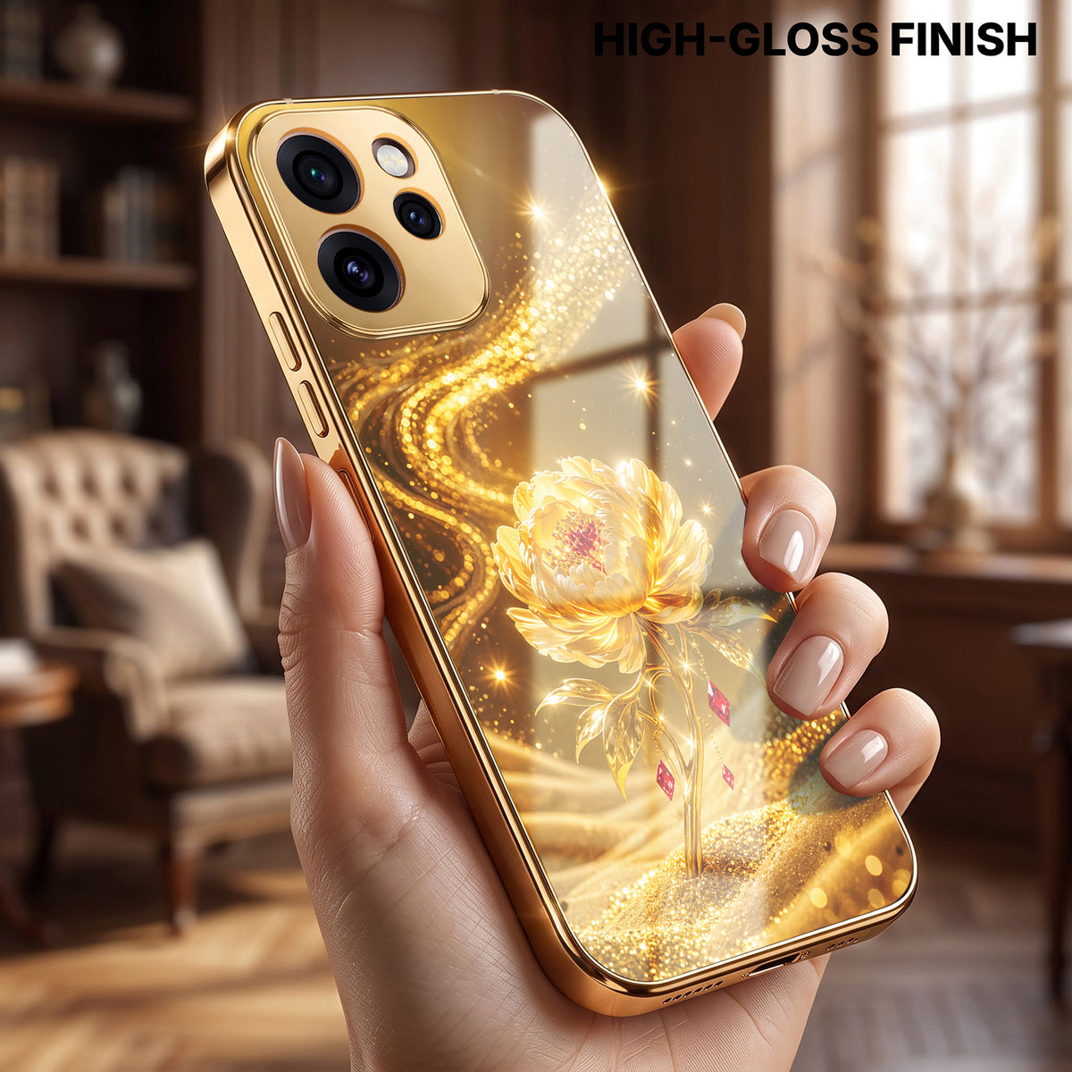 Oppo Reno 15 Pro Mini 5G Golden Rose Elegance Gold Electroplated Glass Phone Back Case