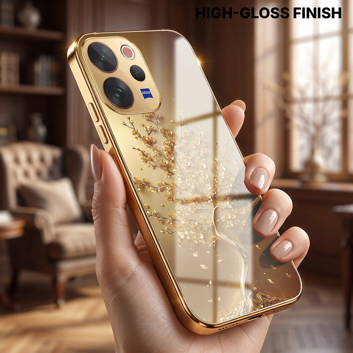 Vivo V70 5G Golden Tree Gold Electroplated Glass Phone Back Case