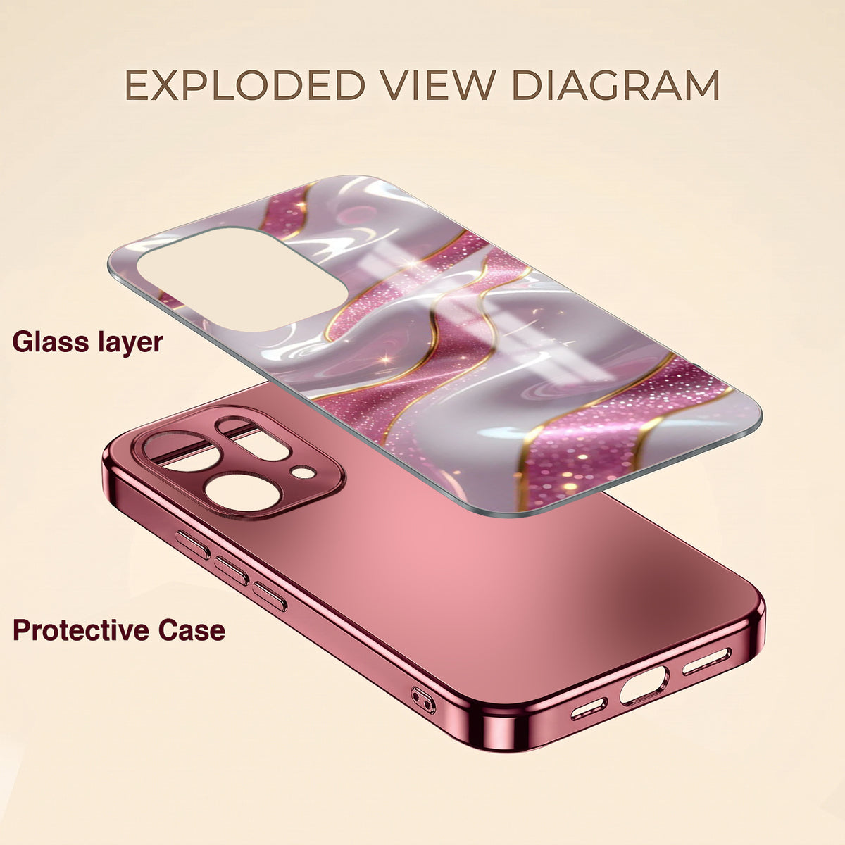 Oppo Reno 14 5G Pearl Marble Pink Electroplated Glass Phone Back Case