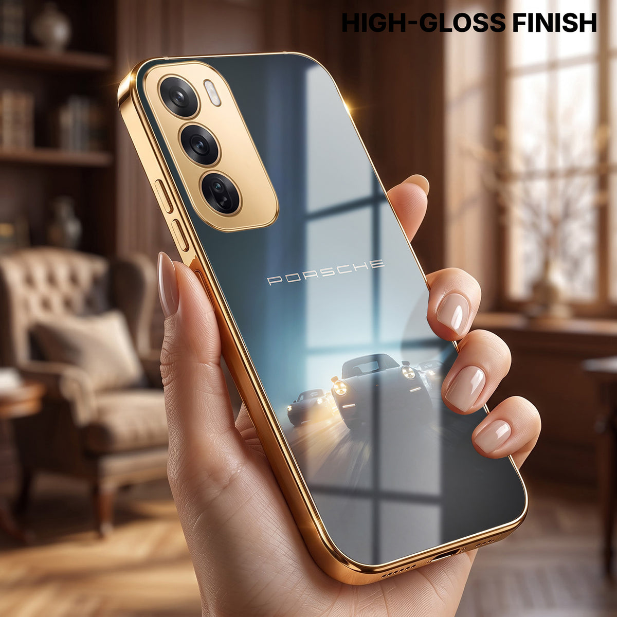 Oppo Reno 12 Pro 5G Porsche Luxury Gold Electroplated Glass Phone Back Case