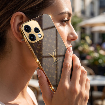 Oppo Reno 15 5G LV Brown Monogram Gold Electroplated Glass Phone Back Case