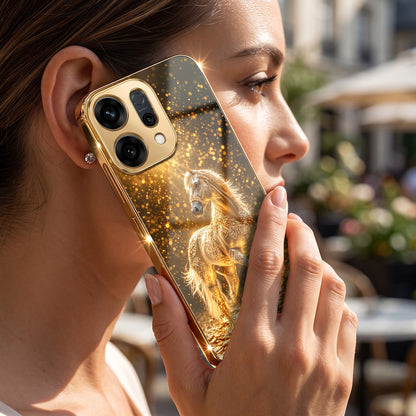 Oppo Reno 14 5G Golden Horse Sparkle Gold Electroplated Glass Phone Back Case