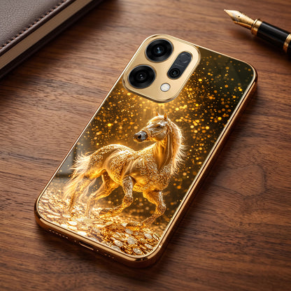Oppo Reno 14 5G Golden Horse Sparkle Gold Electroplated Glass Phone Back Case