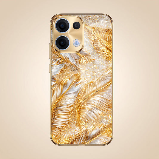 Oppo Reno 13 5G Golden Feather Marble Gold Electroplated Glass Phone Back Case