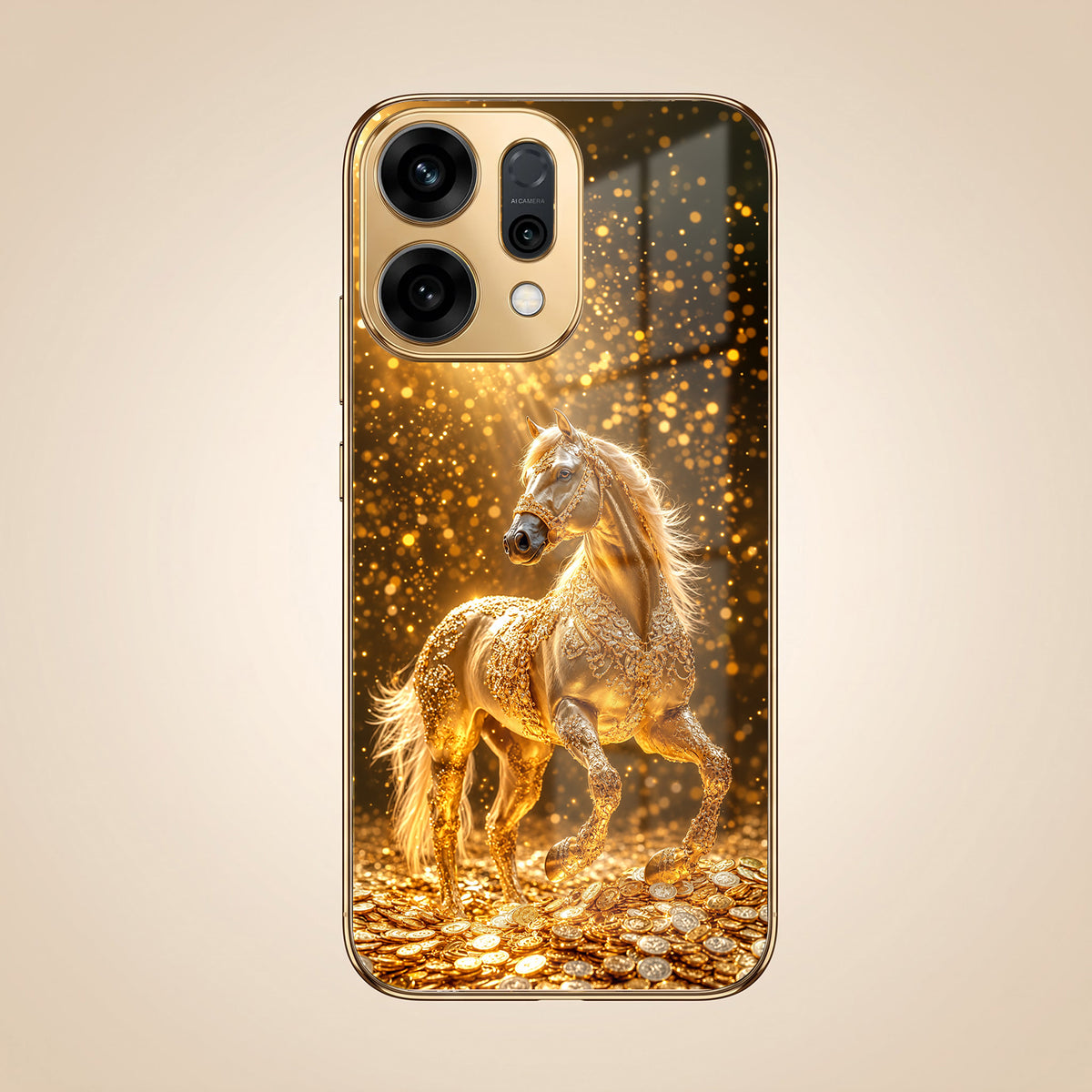 Oppo Reno 14 5G Golden Horse Sparkle Gold Electroplated Glass Phone Back Case