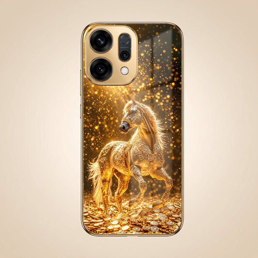 Oppo Reno 14 5G Golden Horse Sparkle Gold Electroplated Glass Phone Back Case