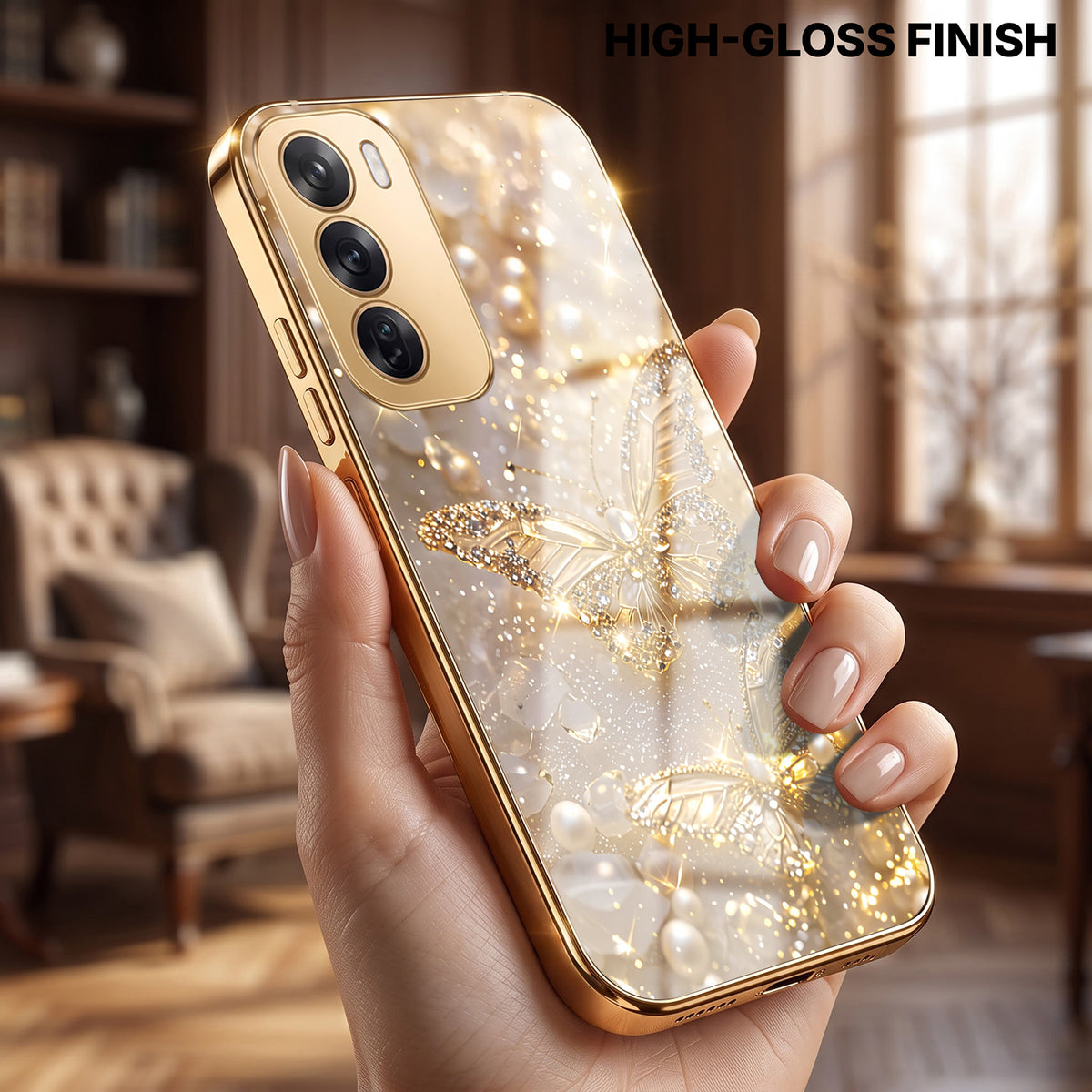 Oppo Reno 12 Pro 5G Golden Butterfly Gold Electroplated Glass Phone Back Case