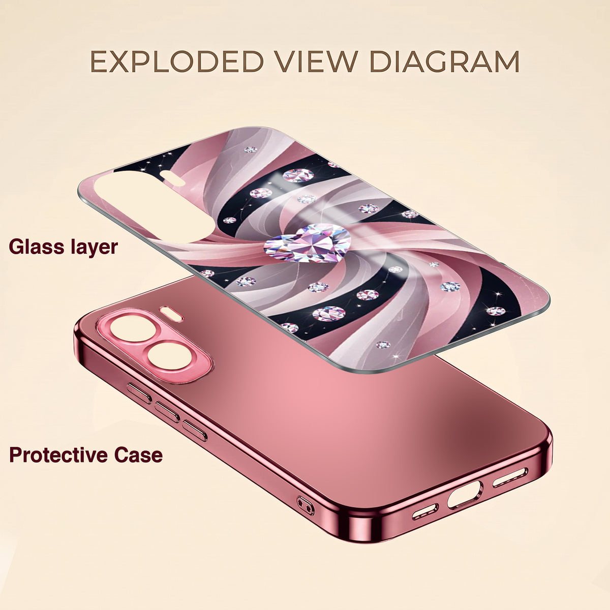 Vivo T5 Pro 5G Diamond Glam Pink Electroplated Glass Phone Back Case