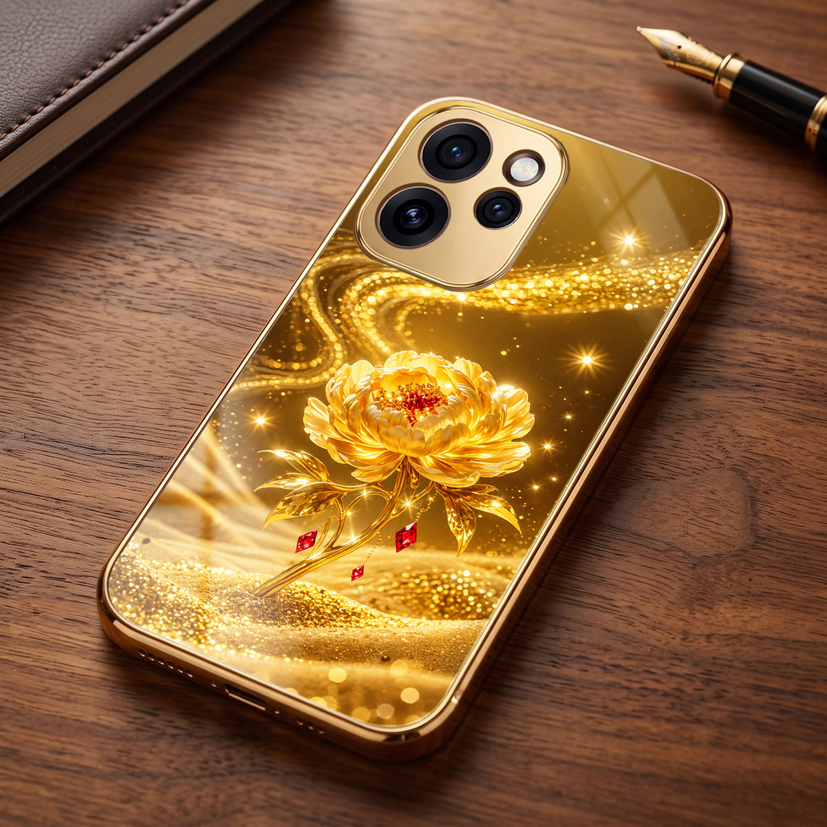 Oppo Reno 15 Pro Mini 5G Golden Rose Elegance Gold Electroplated Glass Phone Back Case