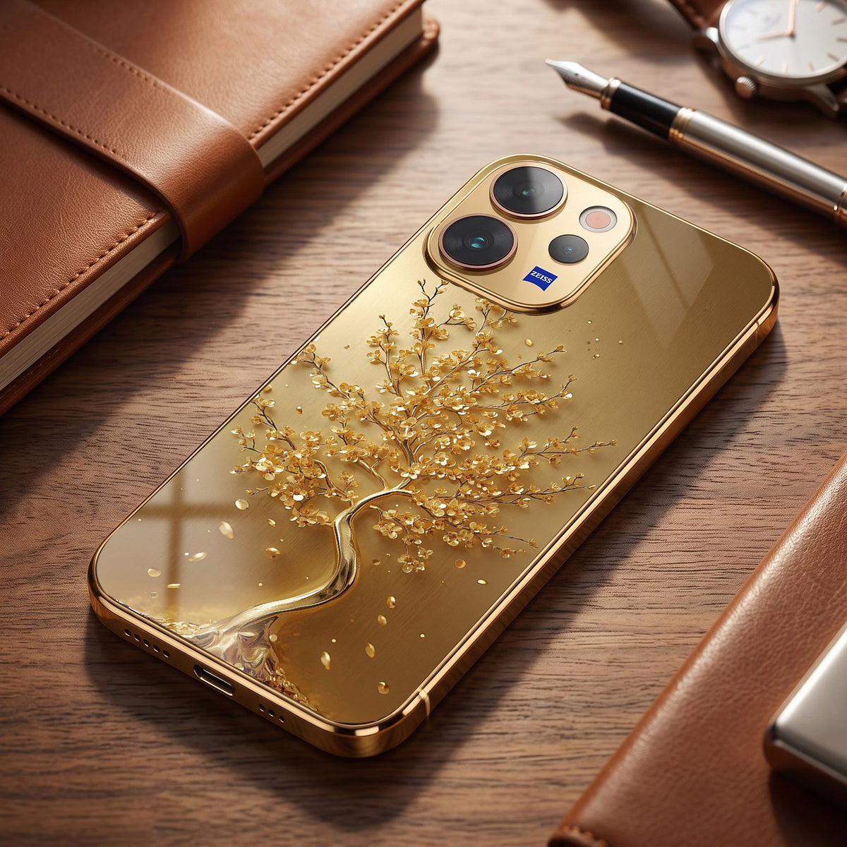 Vivo V70 5G Golden Tree Gold Electroplated Glass Phone Back Case