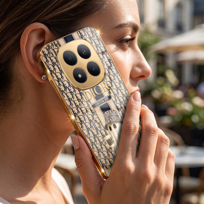 Redmi Note 15 Pro+ 5G Luxury Dior Gold Electroplated Glass Phone Back Case