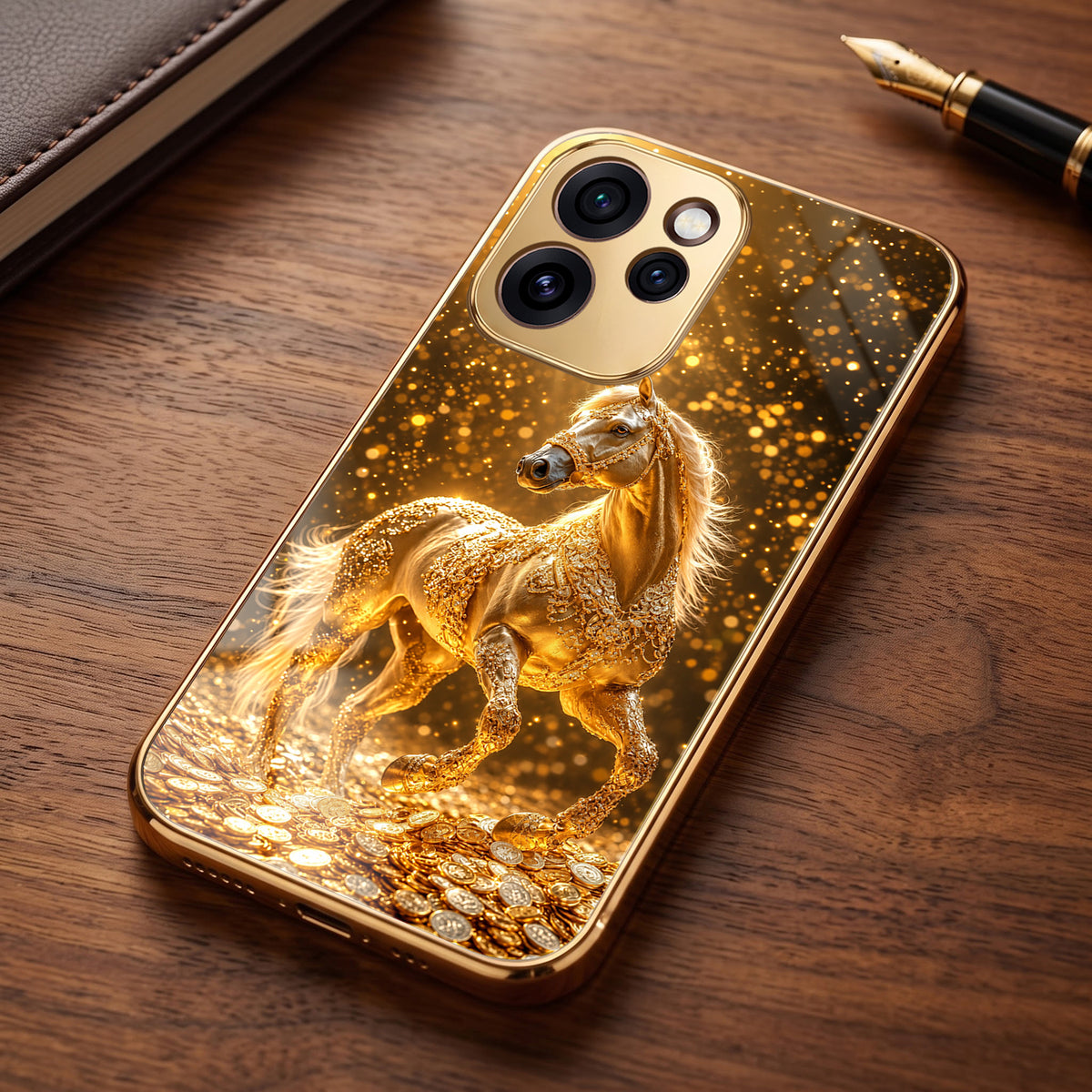 Oppo Reno 15 Pro Mini 5G Golden Horse Sparkle Gold Electroplated Glass Phone Back Case