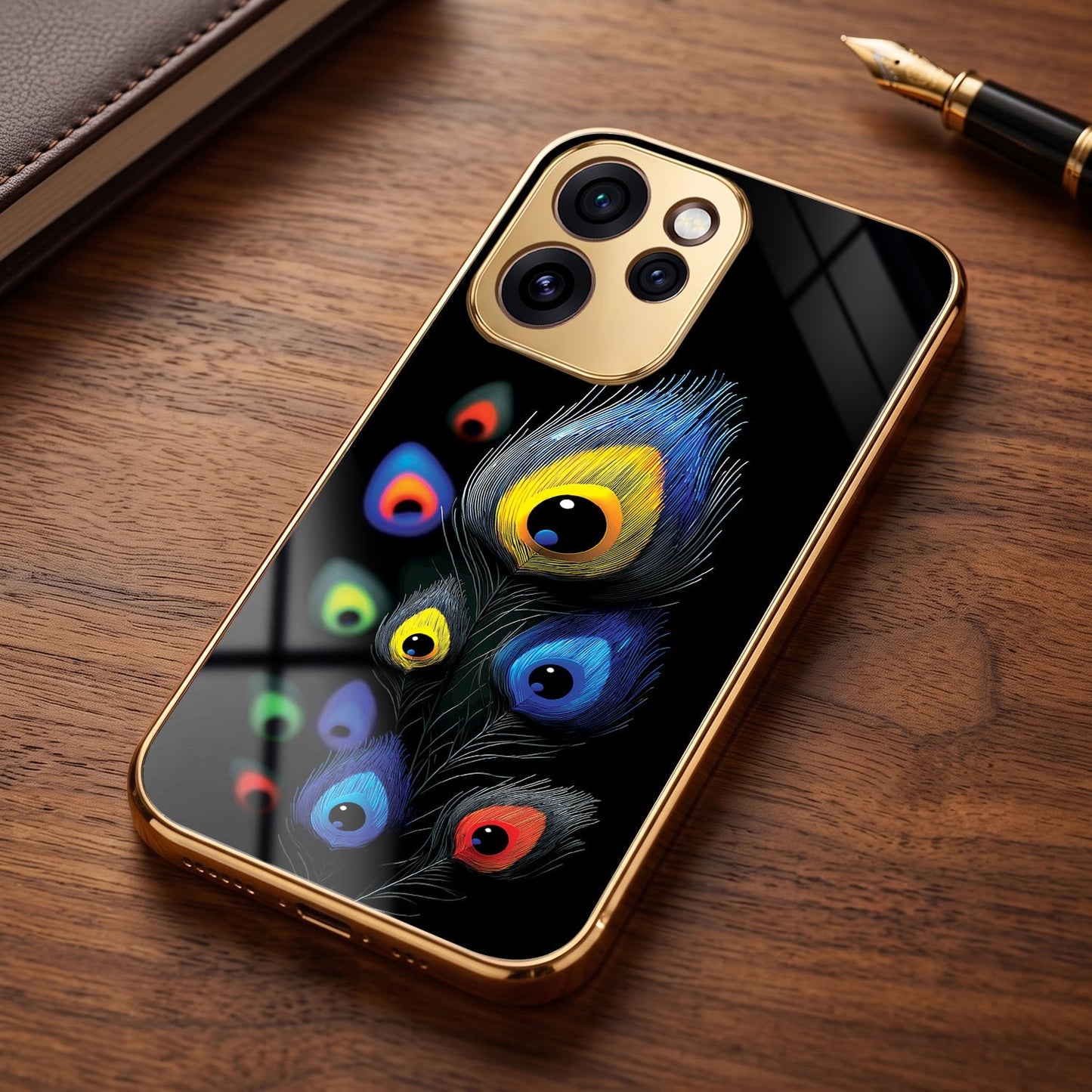 Oppo Reno 15 Pro Mini 5G Premium Peacock Feather Gold Electroplated Glass Phone Back Case