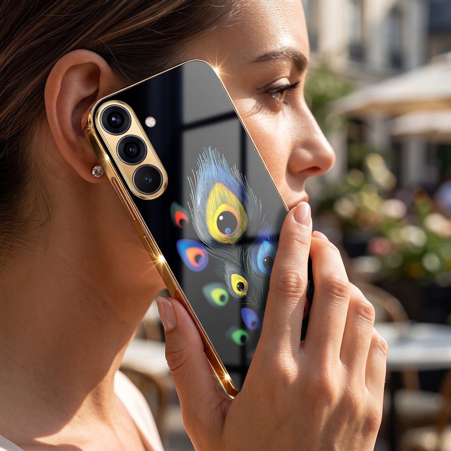 Samsung Galaxy A36 5G Premium Peacock Feather Gold Electroplated Glass Phone Back Case