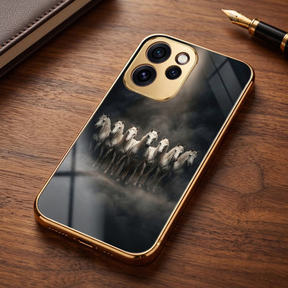 Oppo Reno 15 Pro Mini 5G Running Horses Gold Electroplated Glass Phone Back Case
