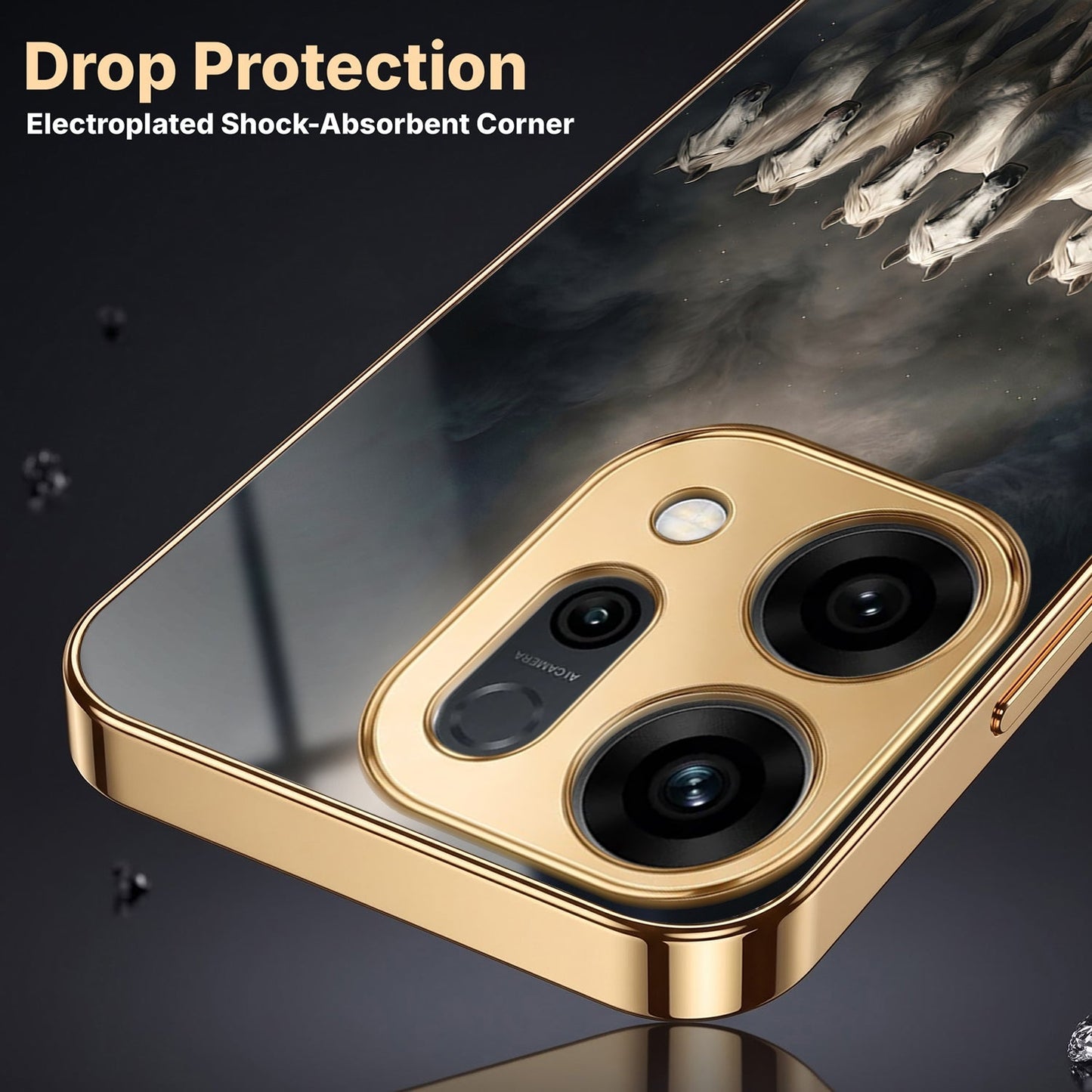 Oppo Reno 14 5G Running Horses Gold Electroplated Glass Phone Back Case