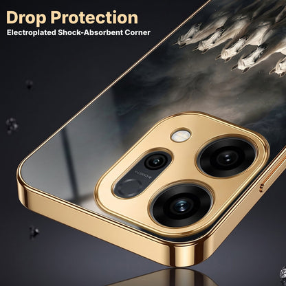 Oppo Reno 14 5G Running Horses Gold Electroplated Glass Phone Back Case