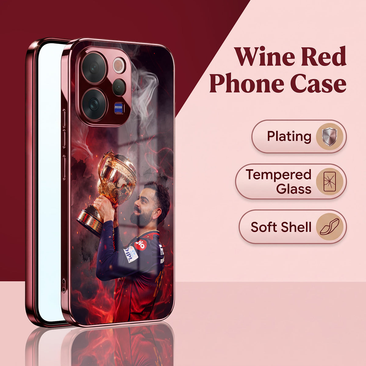 Vivo V70 5G Virat Kohli Burgundy Electroplated Glass Back Case