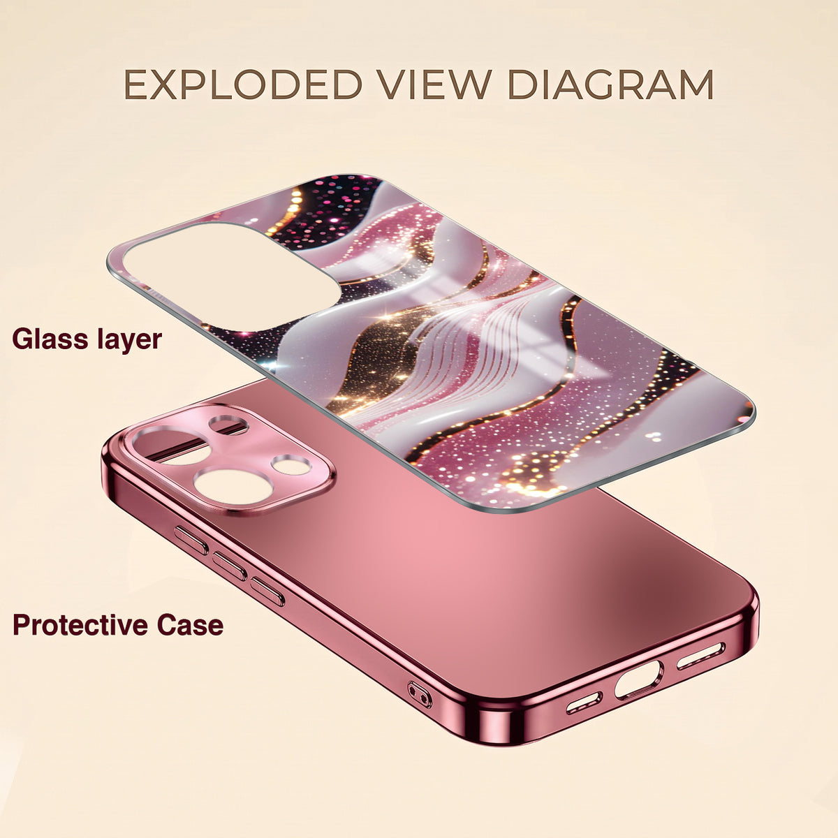Oppo Reno 13 5G Midnight Pearl Wave Pink Electroplated Glass Phone Back Case