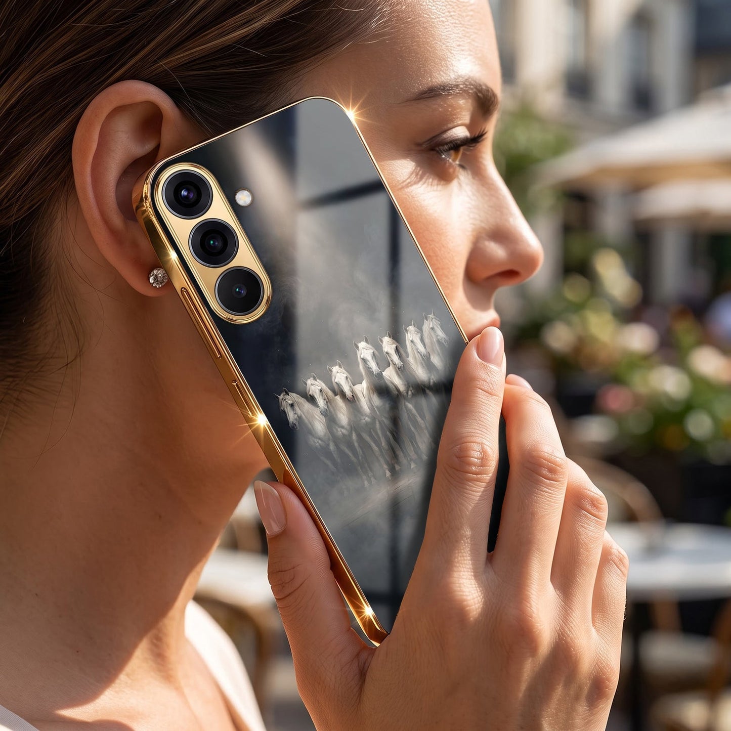 Samsung Galaxy A36 5G Running Horses Gold Electroplated Glass Phone Back Case