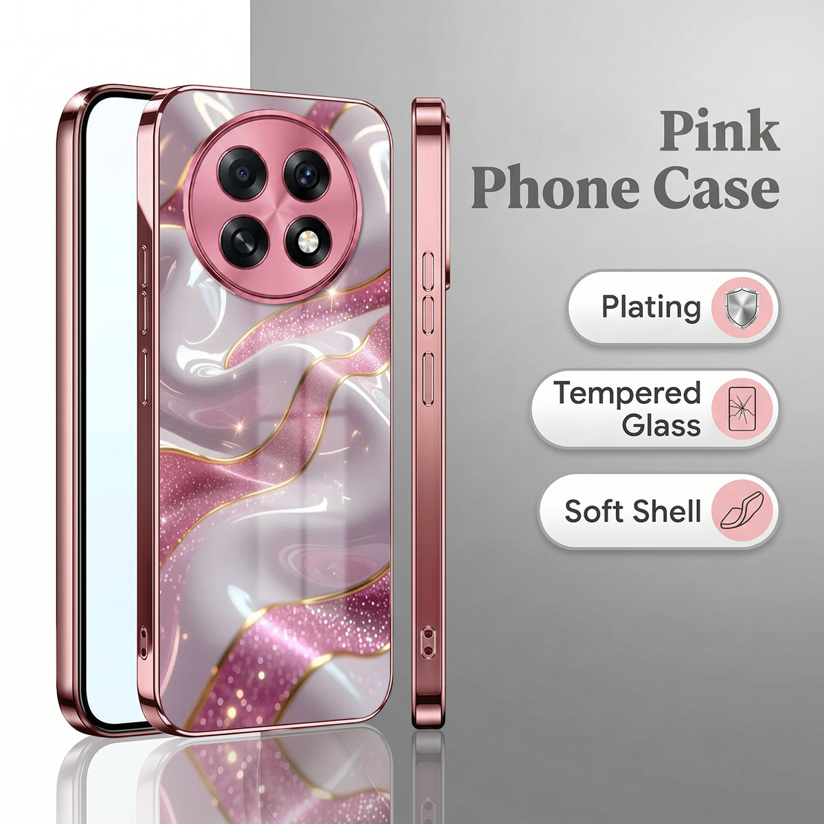 Oppo F31 Pro+ 5G Pearl Marble Pink Electroplated Glass Phone Back Case