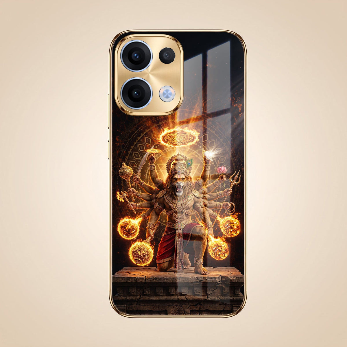 Oppo Reno 13 5G Lord Narasimha Gold Electroplated Glass Phone Back Case