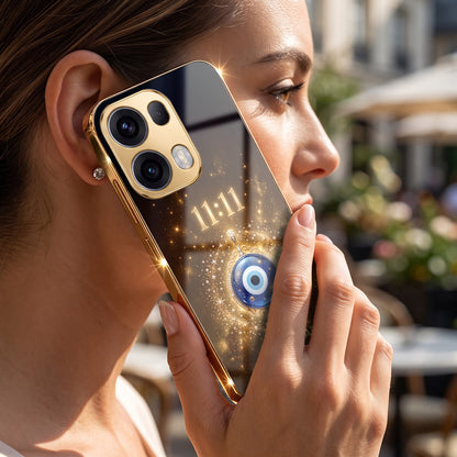 Oppo Reno 13 Pro 5G God’s Plan Evil Eye Gold Electroplated Glass Phone Back Case