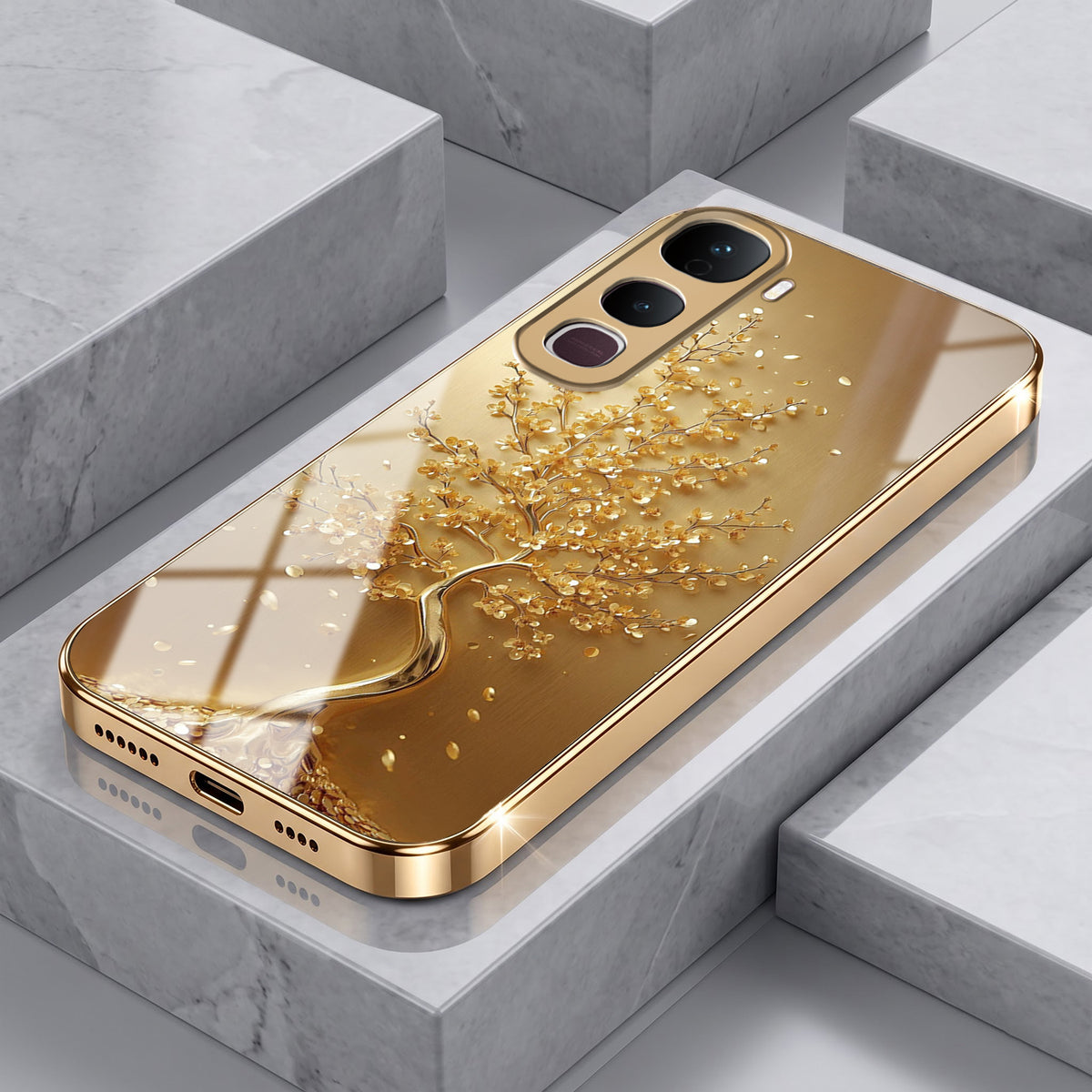 Vivo Y400 Pro 5G Golden Tree Gold Electroplated Glass Phone Back Case