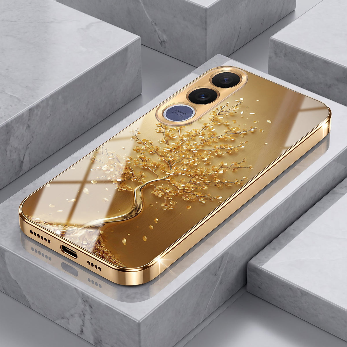 Vivo V70 FE 5G Golden Tree Gold Electroplated Glass Phone Back Case