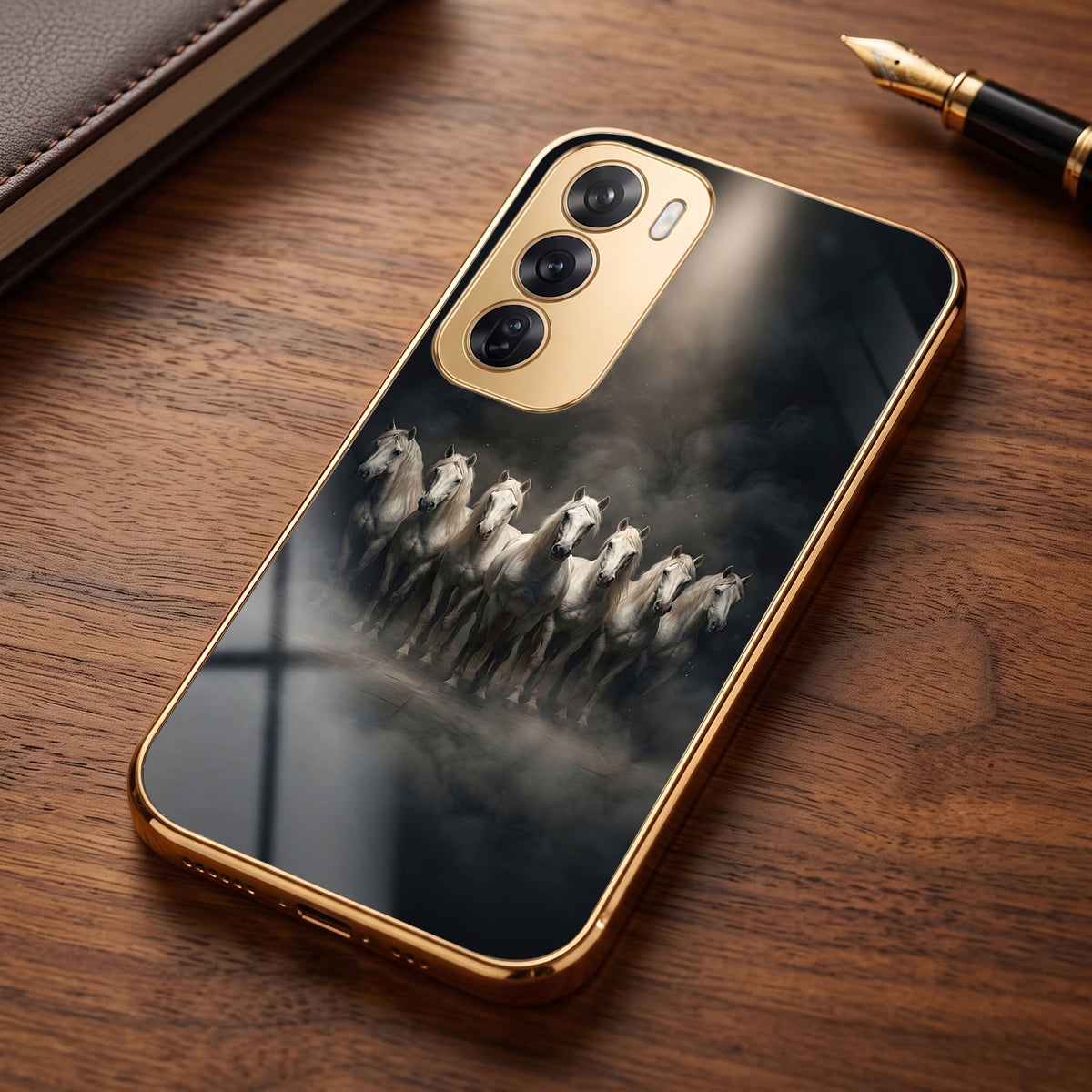 Oppo Reno 12 Pro 5G Running Horses Gold Electroplated Glass Phone Back Case