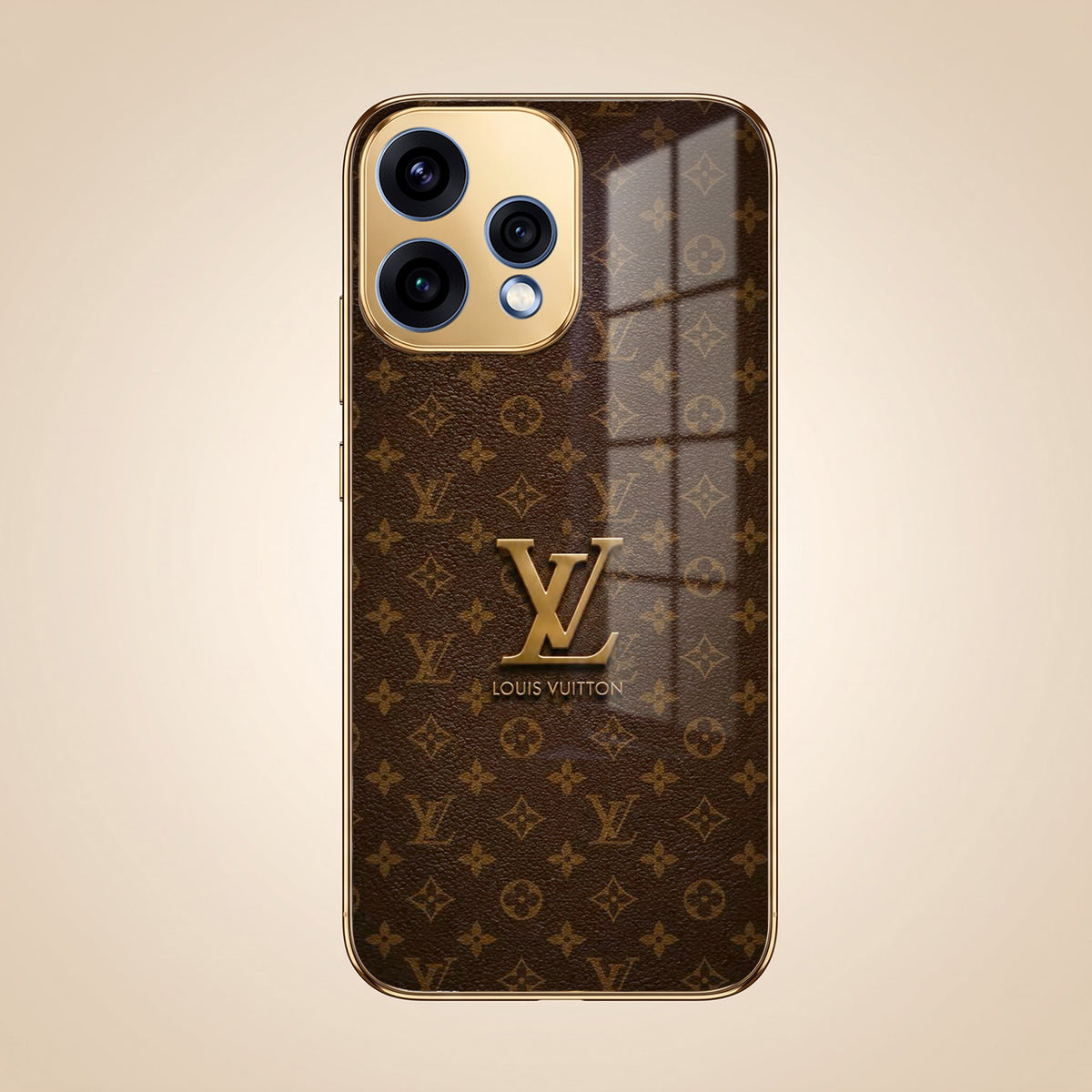 Oppo Reno 15 5G LV Brown Monogram Gold Electroplated Glass Phone Back Case