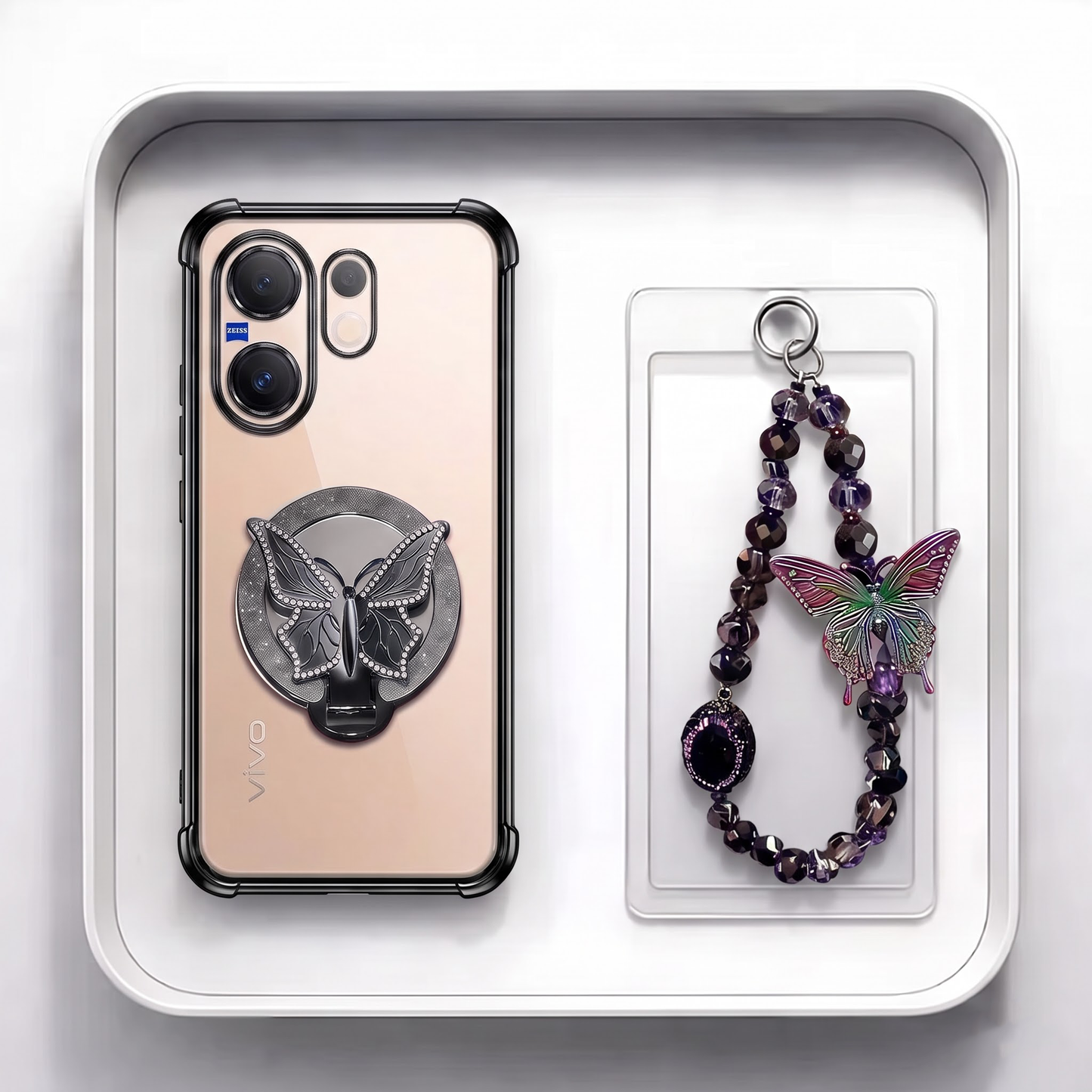 Vivo V60 5G Transparent Airbag Butterfly Stand Case with Charm Strap
