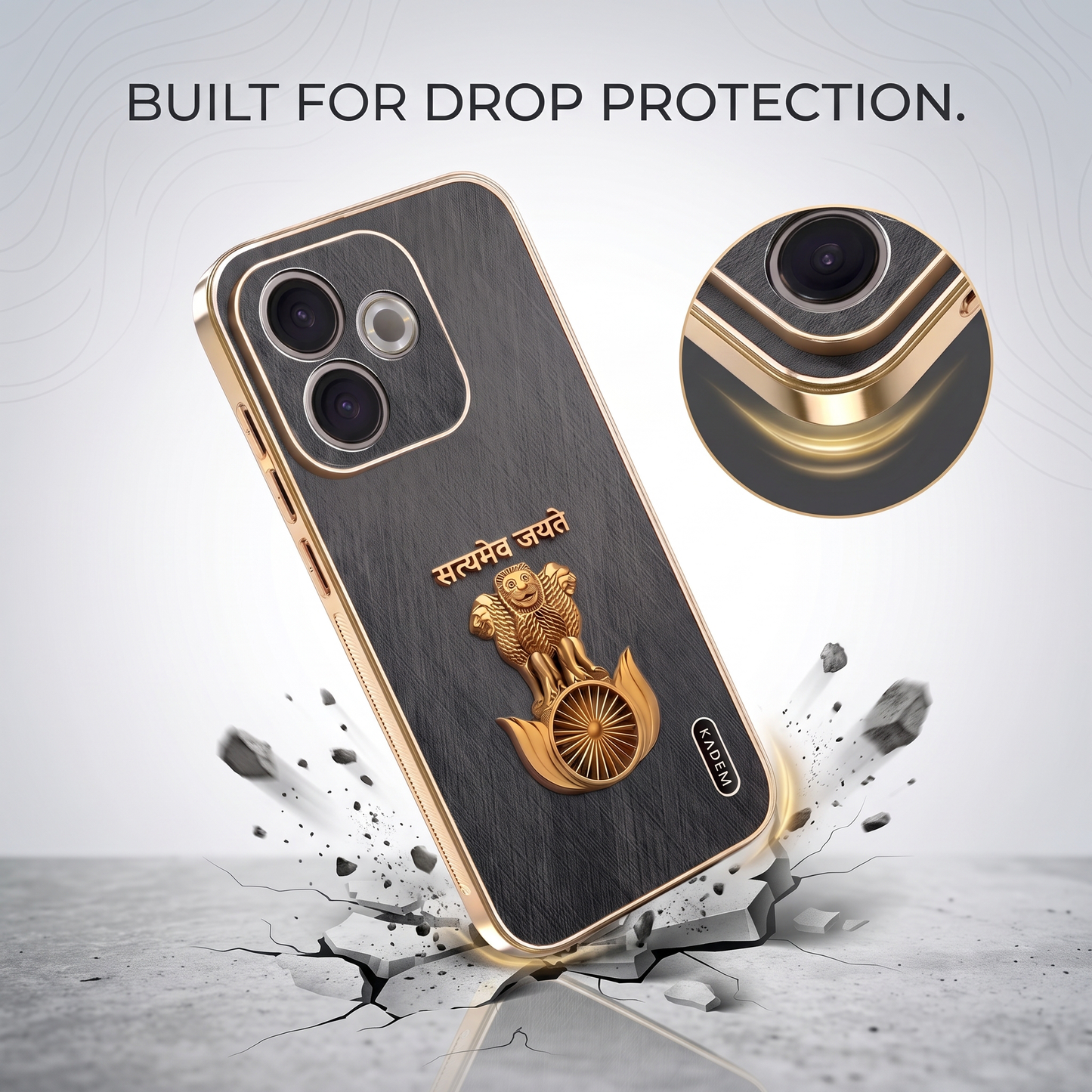 Oppo A5 Pro 5G Satyamev Jayate 3D Electroplated Frame Gold Thread Pattern Hard Back Case