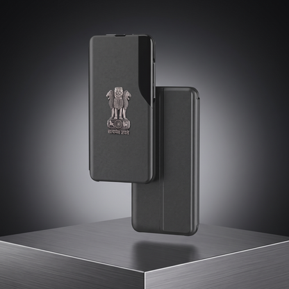 Vivo Y28 5G Metal Emblem Satyamev Jayate Half Window Leather Flip Case