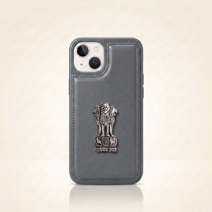 iPhone 15 Series 5G Skin Feel Leather Metal Satyamev Jayate Emblem Case