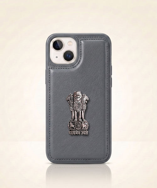 iPhone 15 Series 5G Skin Feel Leather Metal Satyamev Jayate Emblem Case