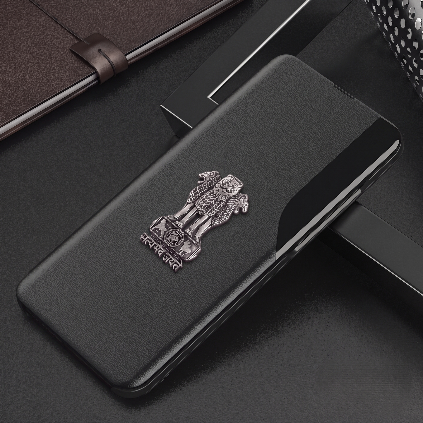 Redmi Note 13 Pro+ 5G Metal Emblem Satyamev Jayate Half Window Leather Flip Case