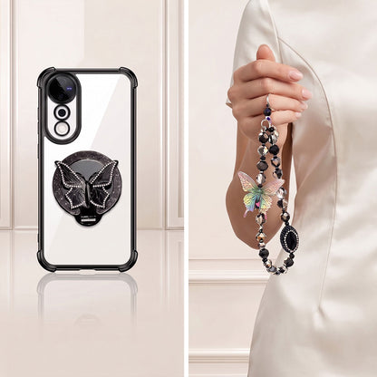 Vivo V40 Pro 5G Transparent Airbag Butterfly Stand Case with Charm Strap