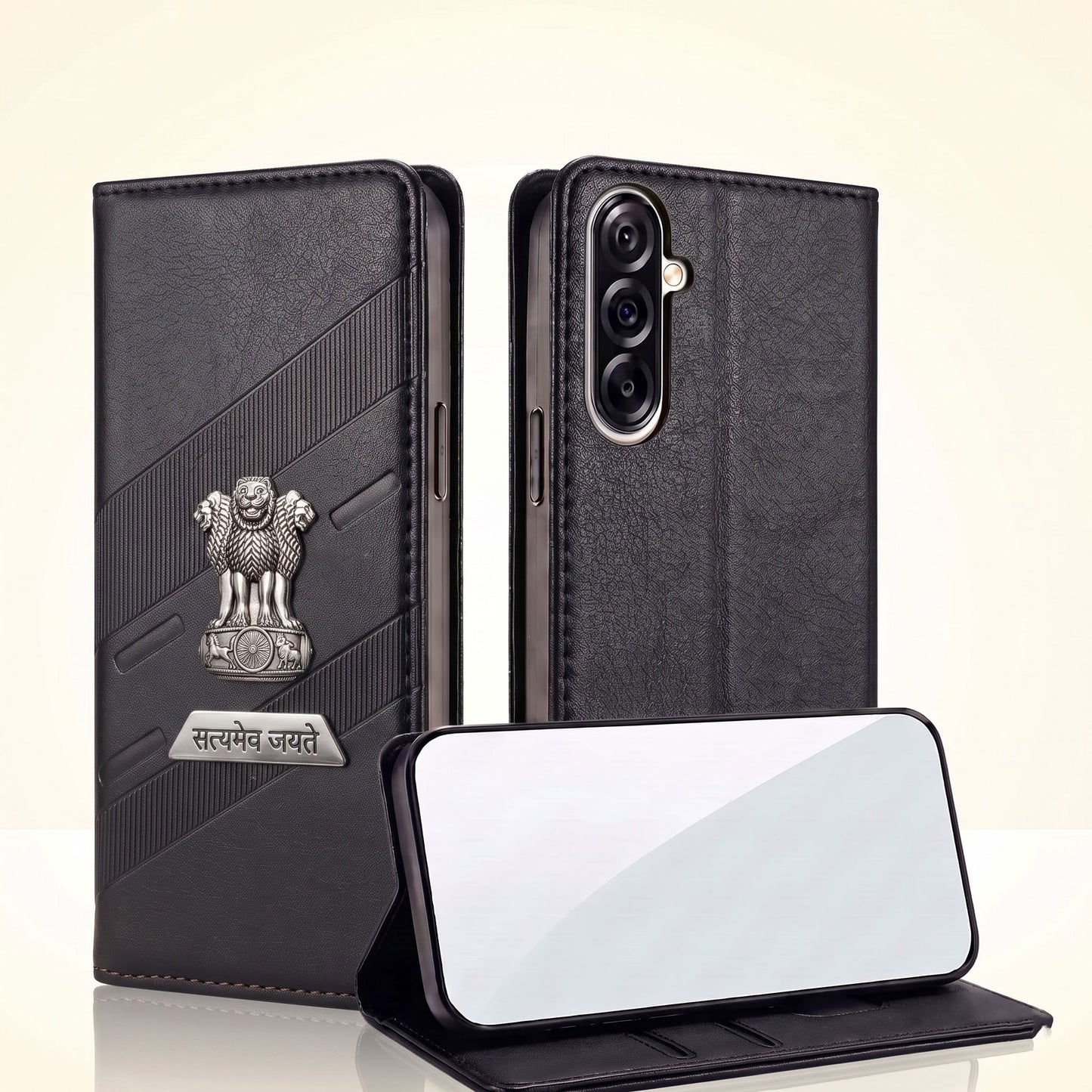 Samsung Galaxy A56 5G Metal Satyamev Jayate 2-in-1 Emblem Magnetic Flip Wallet Case