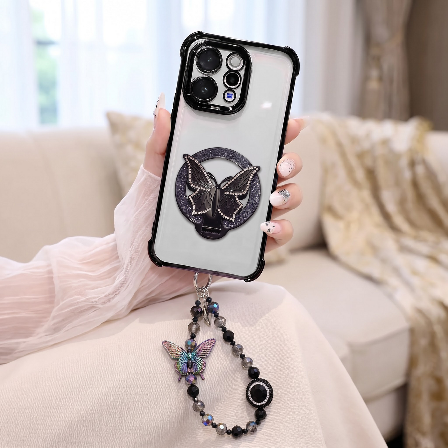 Vivo V70 5G Transparent Airbag Butterfly Stand Case with Charm Strap