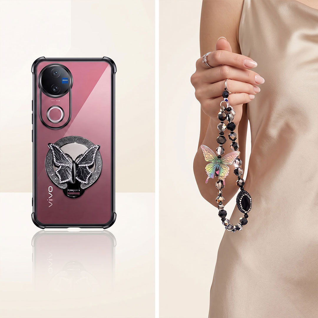 Vivo V50 5G Transparent Airbag Butterfly Stand Case with Charm Strap