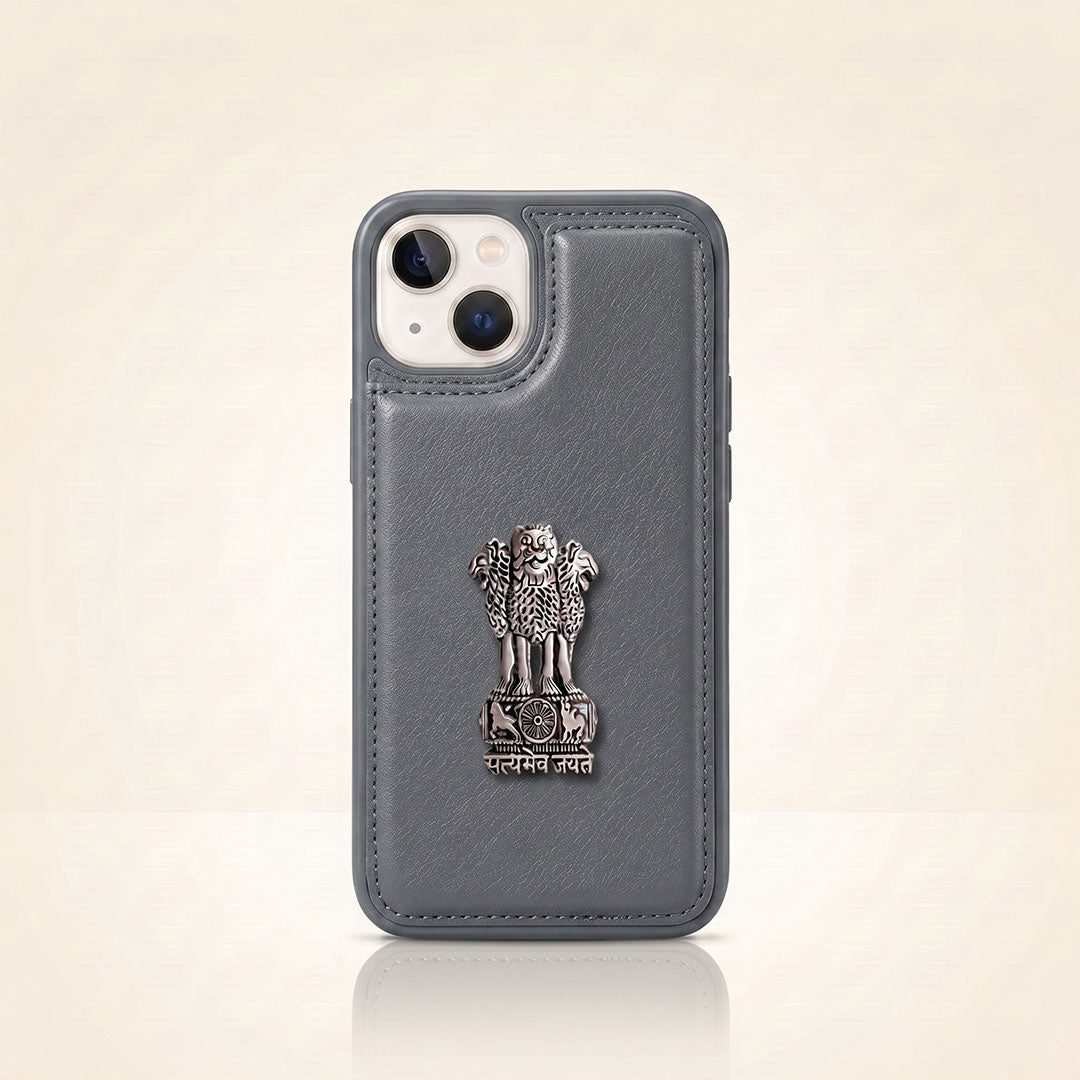 iPhone 14 Series 5G Skin Feel Leather Metal Satyamev Jayate Emblem Case