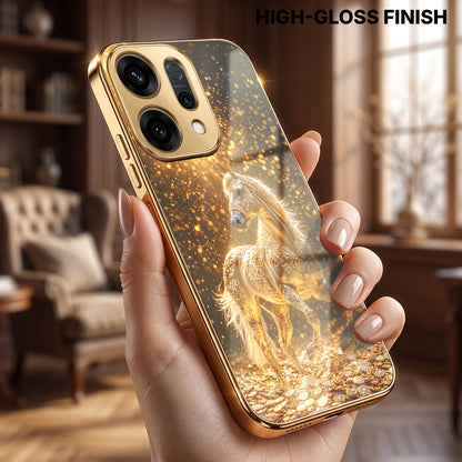 Oppo Reno 14 5G Golden Horse Sparkle Gold Electroplated Glass Phone Back Case